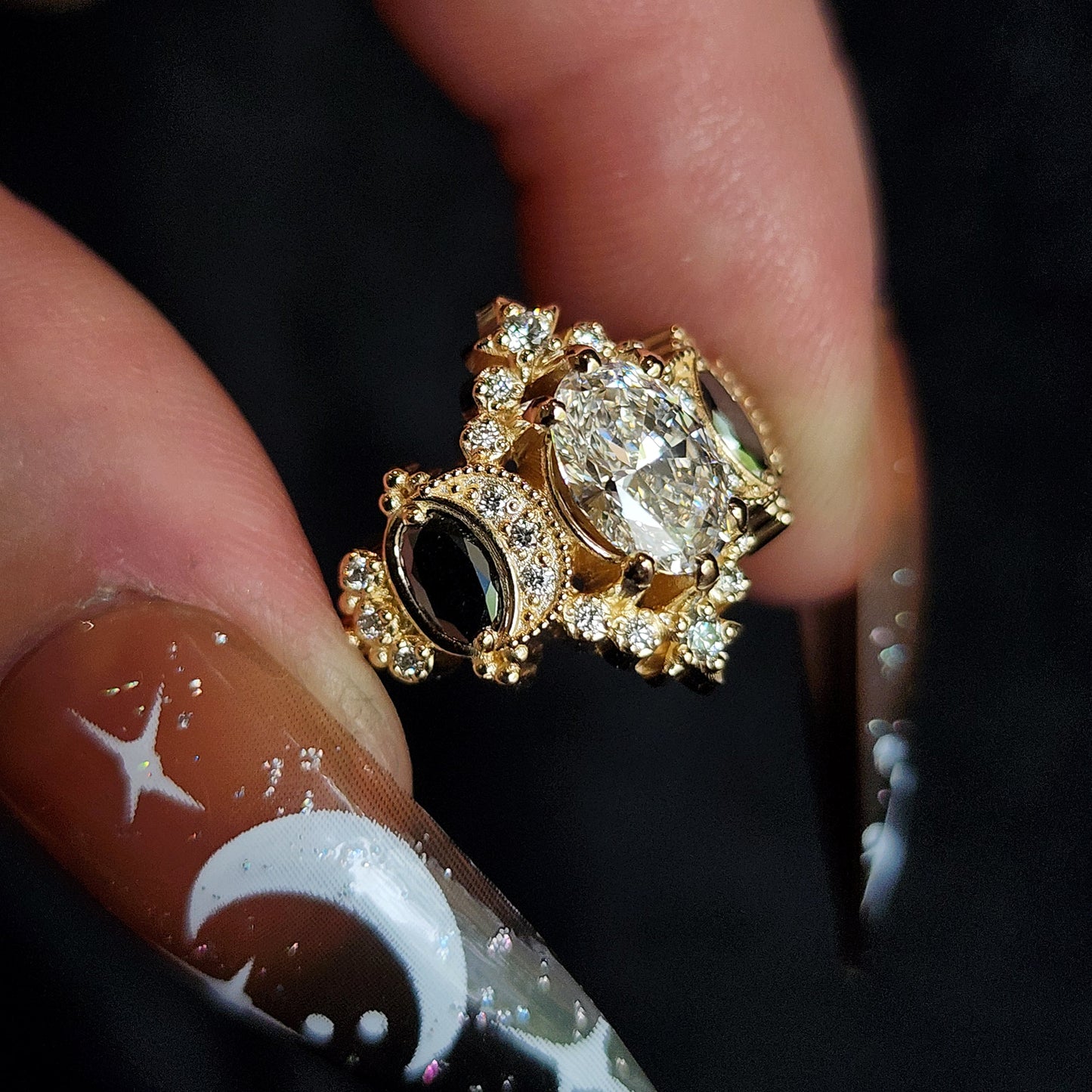 Sabrina Witchy Engagement Ring with Diamond Stars and Oval Side Gems 14k Gold image 17