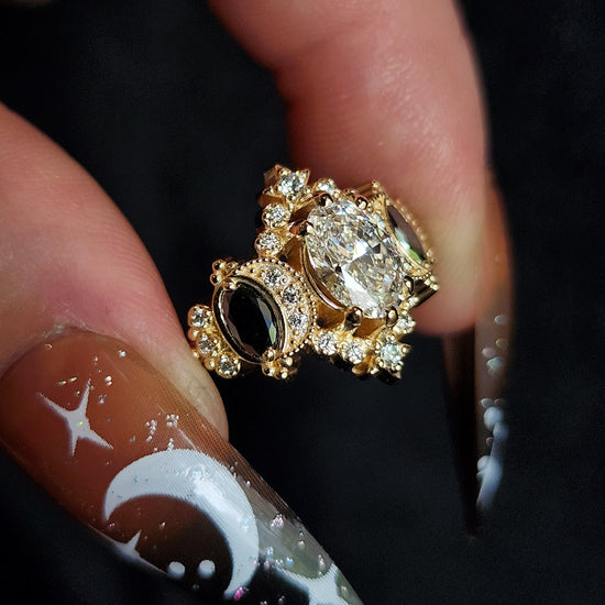 Sabrina Witchy Engagement Ring with Diamond Stars and Oval Side Gems 14k Gold image 17