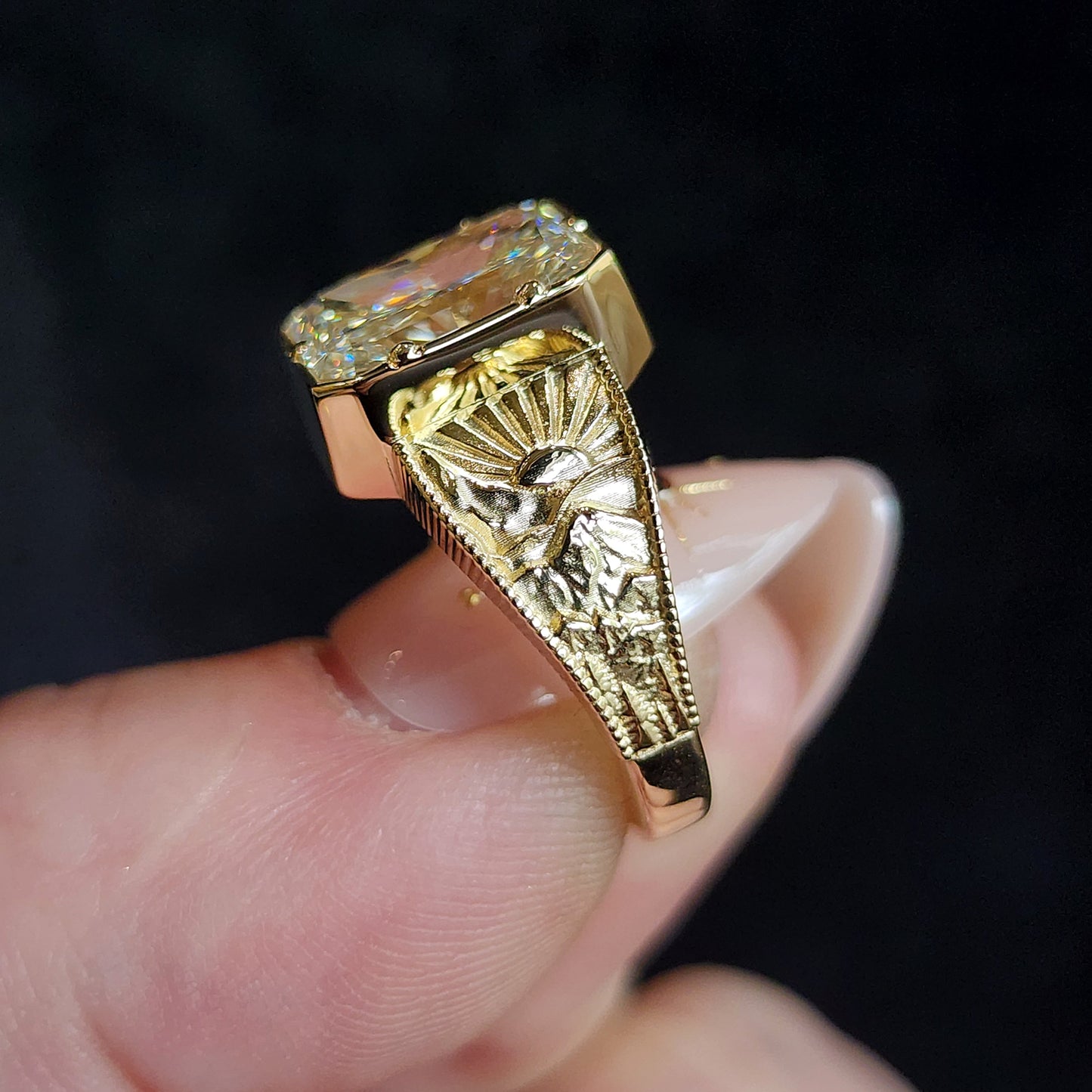 Forest Sprite - Nature Inspired Solitaire with Mountains, Trees and Sun - Fantasy Fine Jewelry 14k Gold image  6