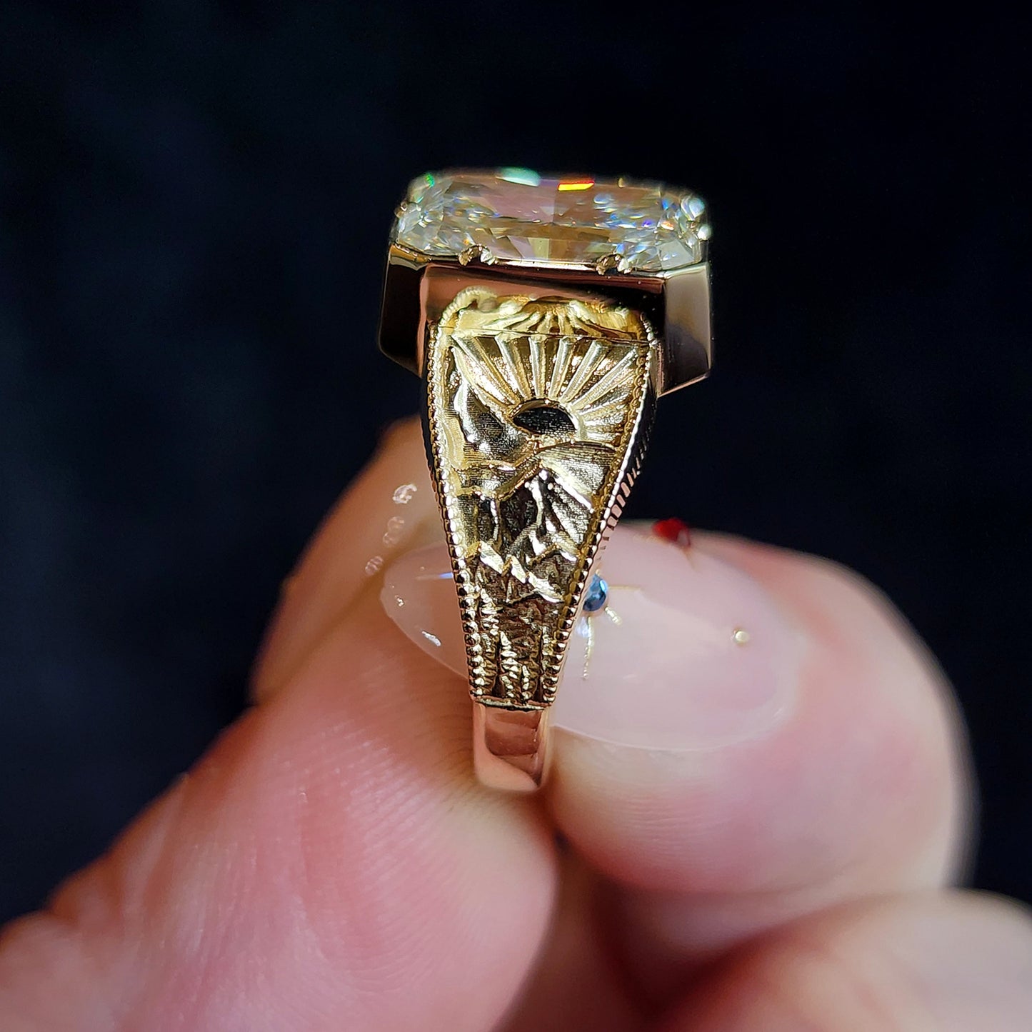 Forest Sprite - Nature Inspired Solitaire with Mountains, Trees and Sun - Fantasy Fine Jewelry 14k Gold image  5