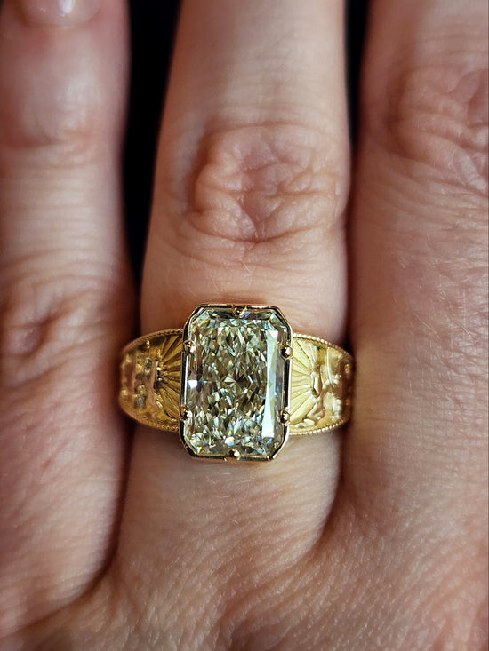 Forest Sprite - Nature Inspired Solitaire with Mountains, Trees and Sun - Fantasy Fine Jewelry 14k Gold image  14