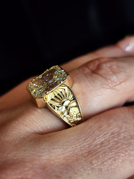 Forest Sprite - Nature Inspired Solitaire with Mountains, Trees and Sun - Fantasy Fine Jewelry 14k Gold image  16