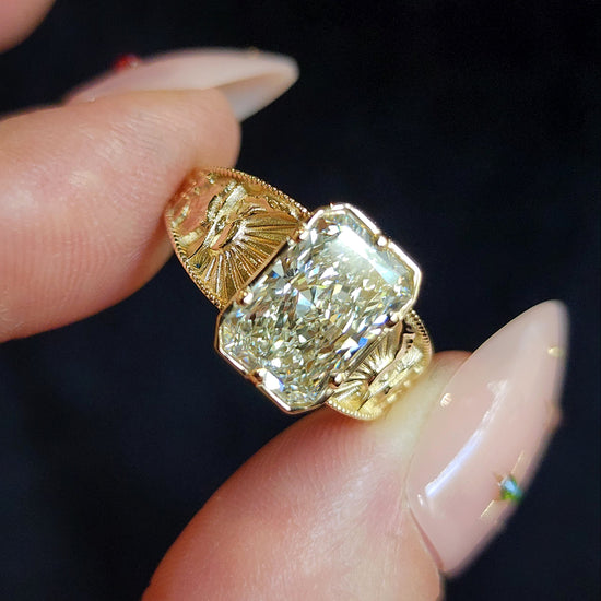 Forest Sprite - Nature Inspired Solitaire with Mountains, Trees and Sun - Fantasy Fine Jewelry 14k Gold image  4