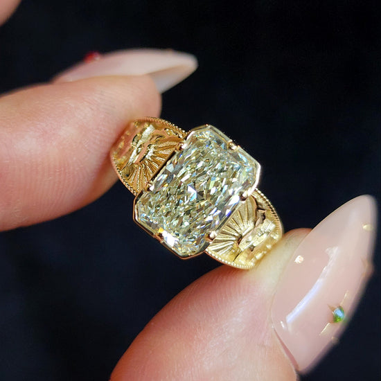 Forest Sprite - Nature Inspired Solitaire with Mountains, Trees and Sun - Fantasy Fine Jewelry 14k Gold image  3