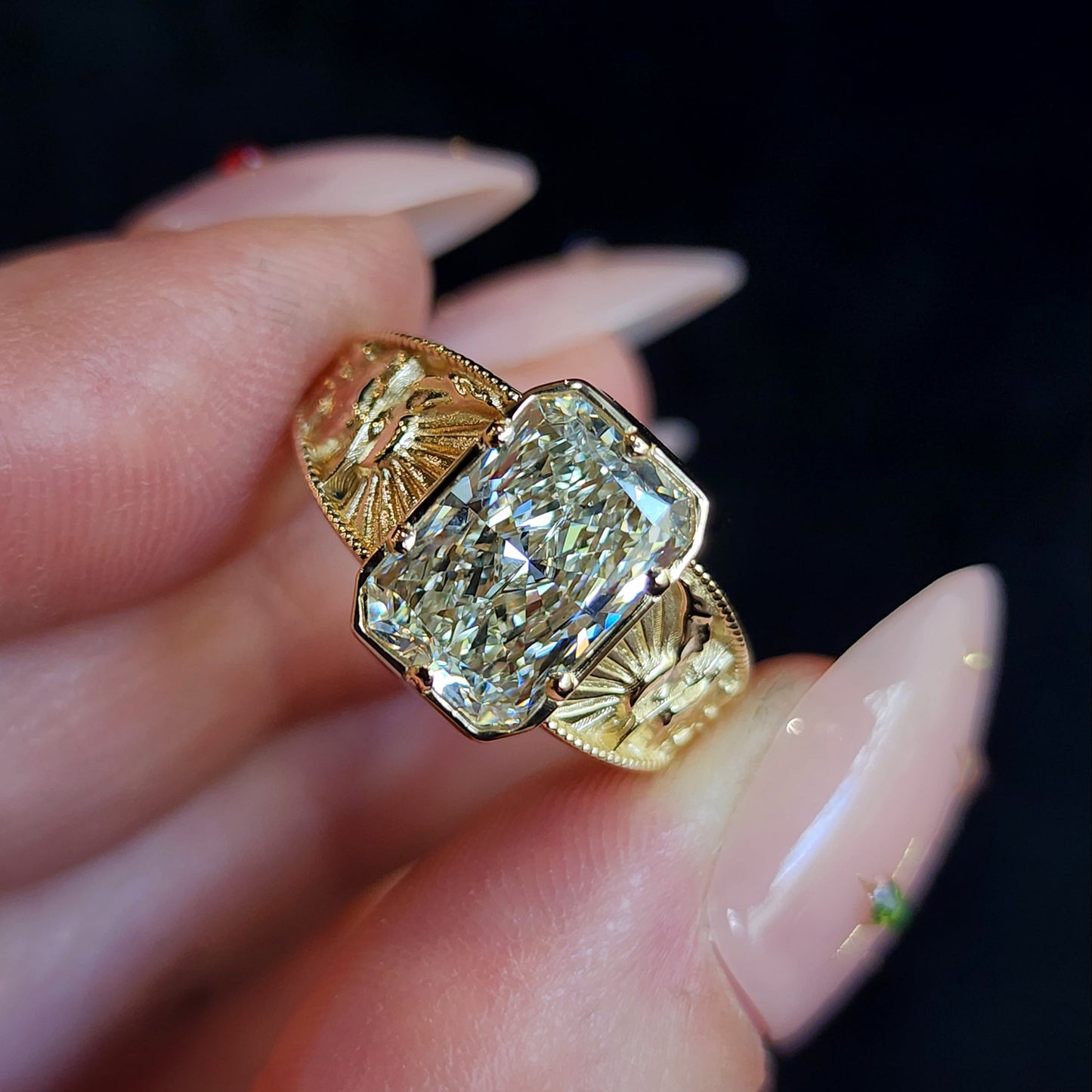 Forest Sprite - Nature Inspired Solitaire with Mountains, Trees and Sun - Fantasy Fine Jewelry 14k Gold image 1