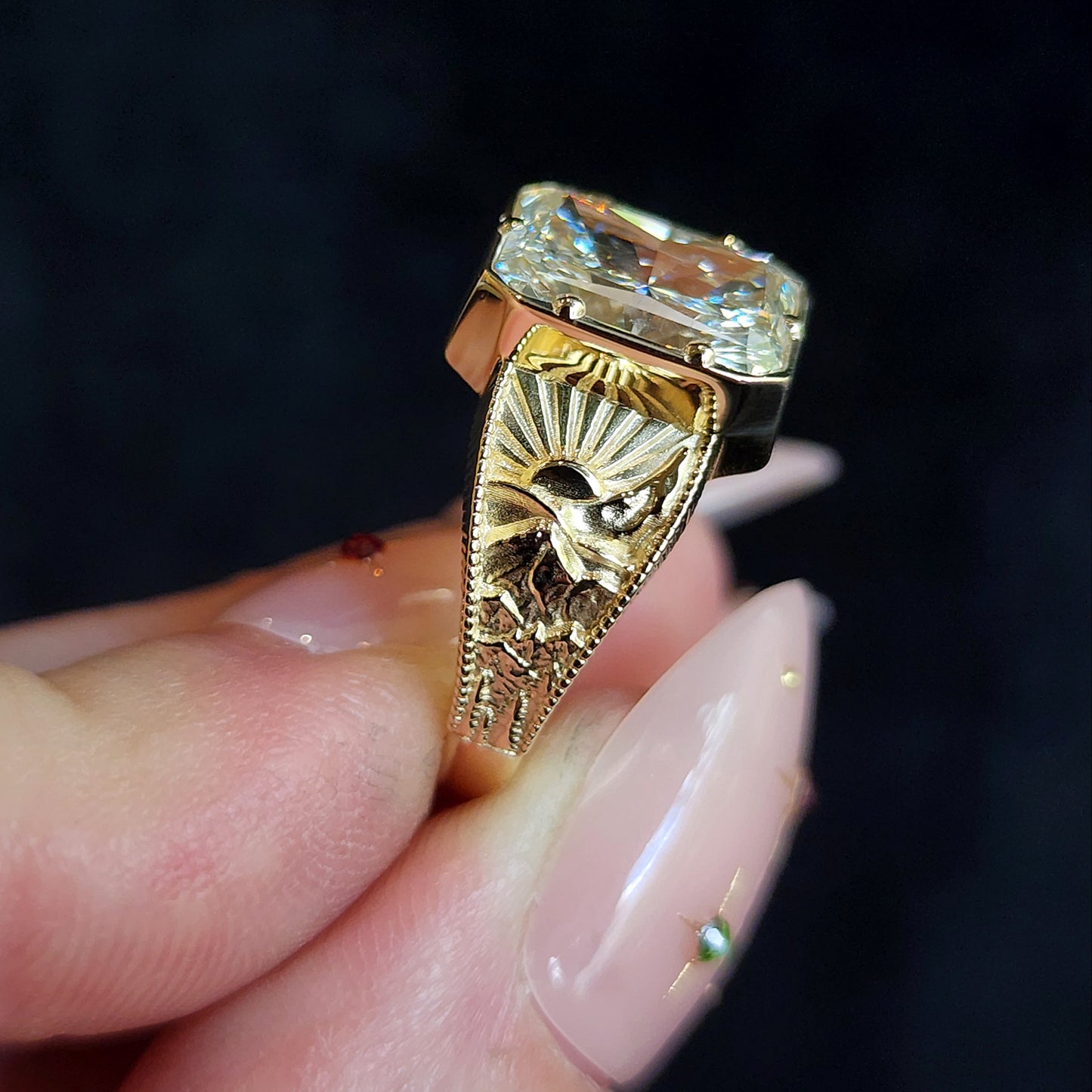 Forest Sprite - Nature Inspired Solitaire with Mountains, Trees and Sun - Fantasy Fine Jewelry 14k Gold image  2