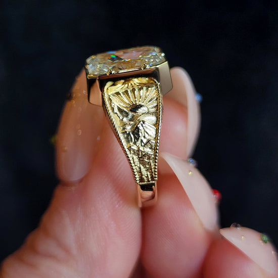 Forest Sprite - Nature Inspired Solitaire with Mountains, Trees and Sun - Fantasy Fine Jewelry 14k Gold image  7