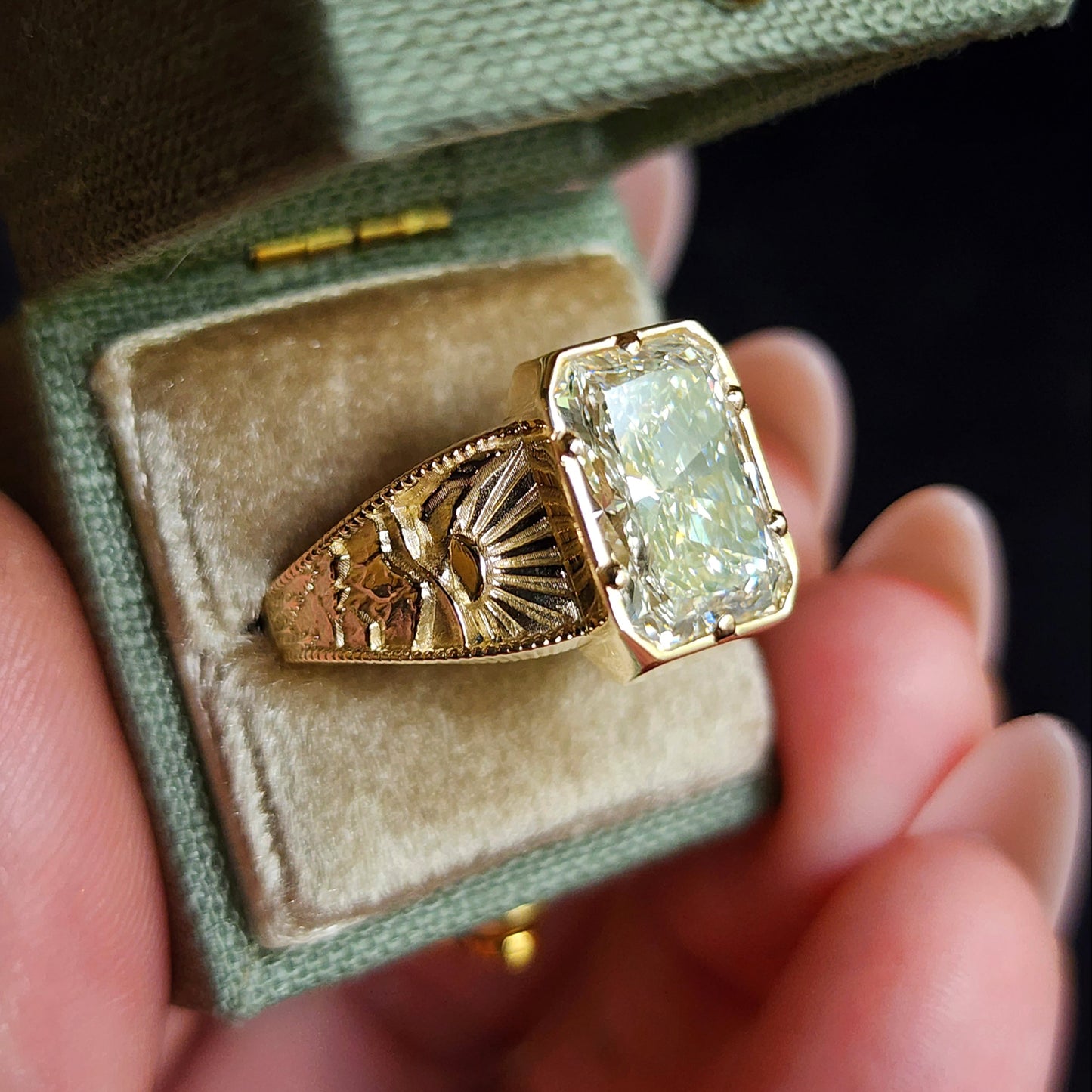 Forest Sprite - Nature Inspired Solitaire with Mountains, Trees and Sun - Fantasy Fine Jewelry 14k Gold image  11