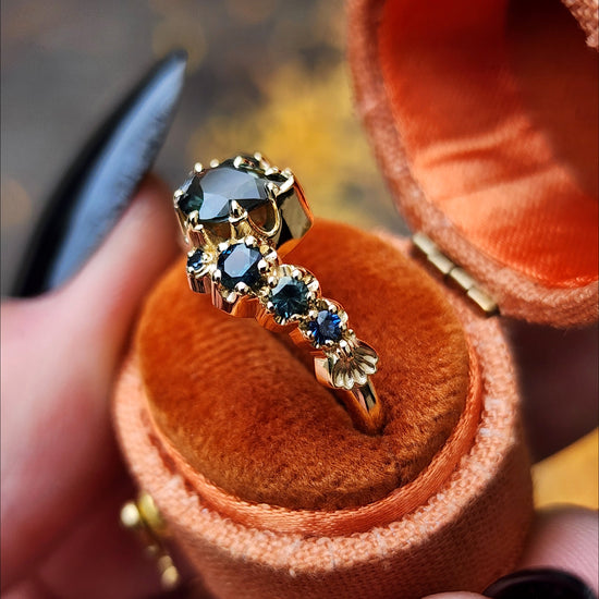 Dark Water  Pear Australian Sapphire Gothic Buttercup Setting Asymmetrical Ring with Gold Seashell Detail image 4