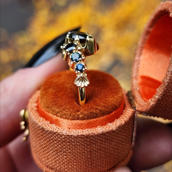 Dark Water  Pear Australian Sapphire Gothic Buttercup Setting Asymmetrical Ring with Gold Seashell Detail image 5