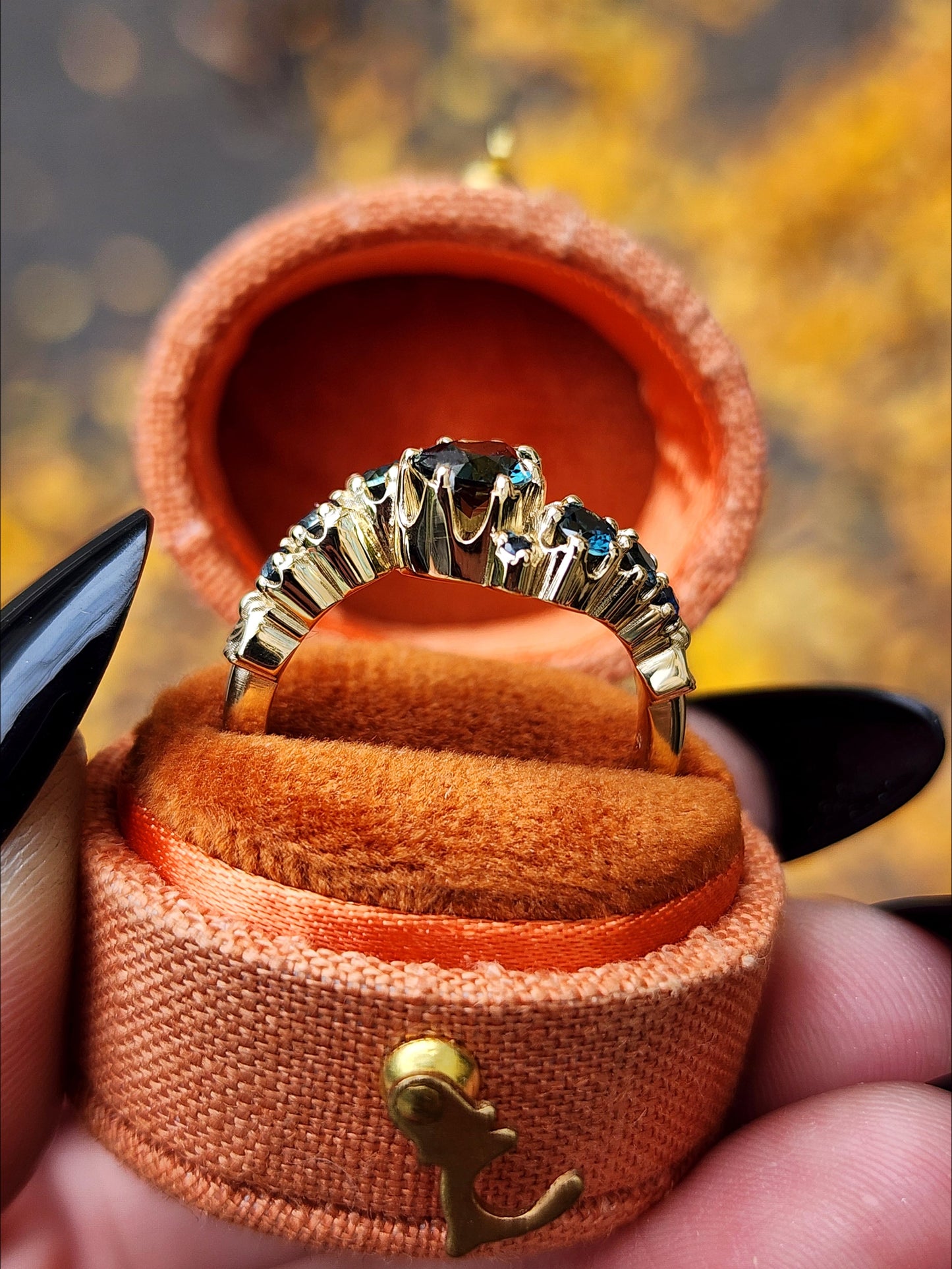 Dark Water  Pear Australian Sapphire Gothic Buttercup Setting Asymmetrical Ring with Gold Seashell Detail image 6