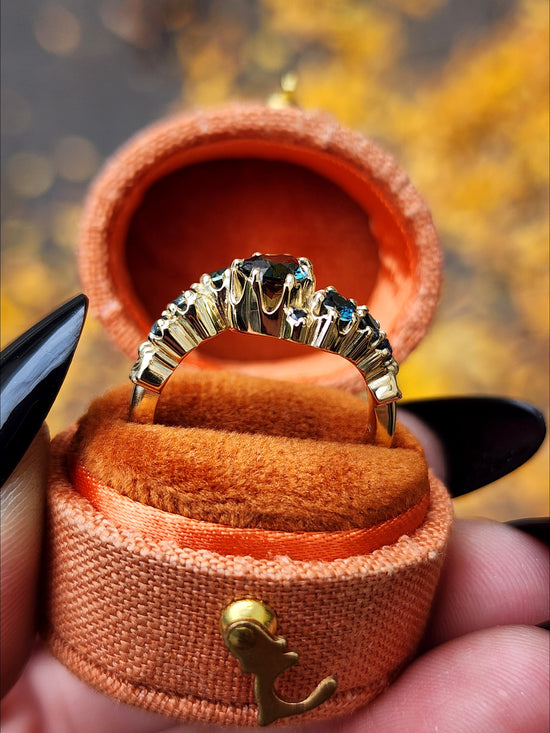 Dark Water  Pear Australian Sapphire Gothic Buttercup Setting Asymmetrical Ring with Gold Seashell Detail image 6