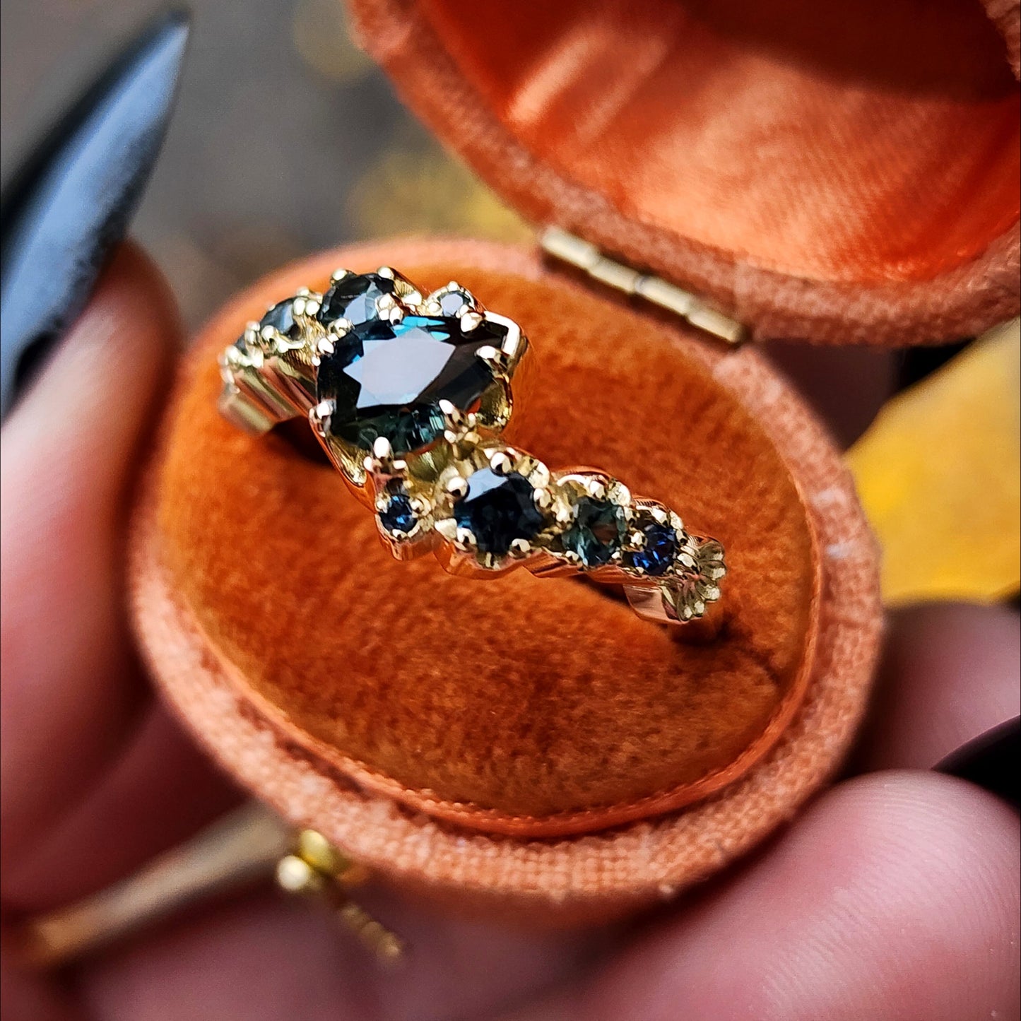 Dark Water  Pear Australian Sapphire Gothic Buttercup Setting Asymmetrical Ring with Gold Seashell Detail image 3