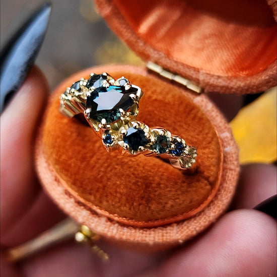 Dark Water  Pear Australian Sapphire Gothic Buttercup Setting Asymmetrical Ring with Gold Seashell Detail image 3