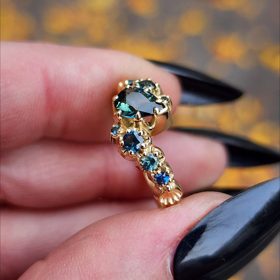 Dark Water  Pear Australian Sapphire Gothic Buttercup Setting Asymmetrical Ring with Gold Seashell Detail image 7