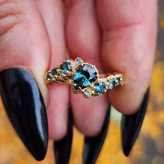 Dark Water  Pear Australian Sapphire Gothic Buttercup Setting Asymmetrical Ring with Gold Seashell Detail image 2