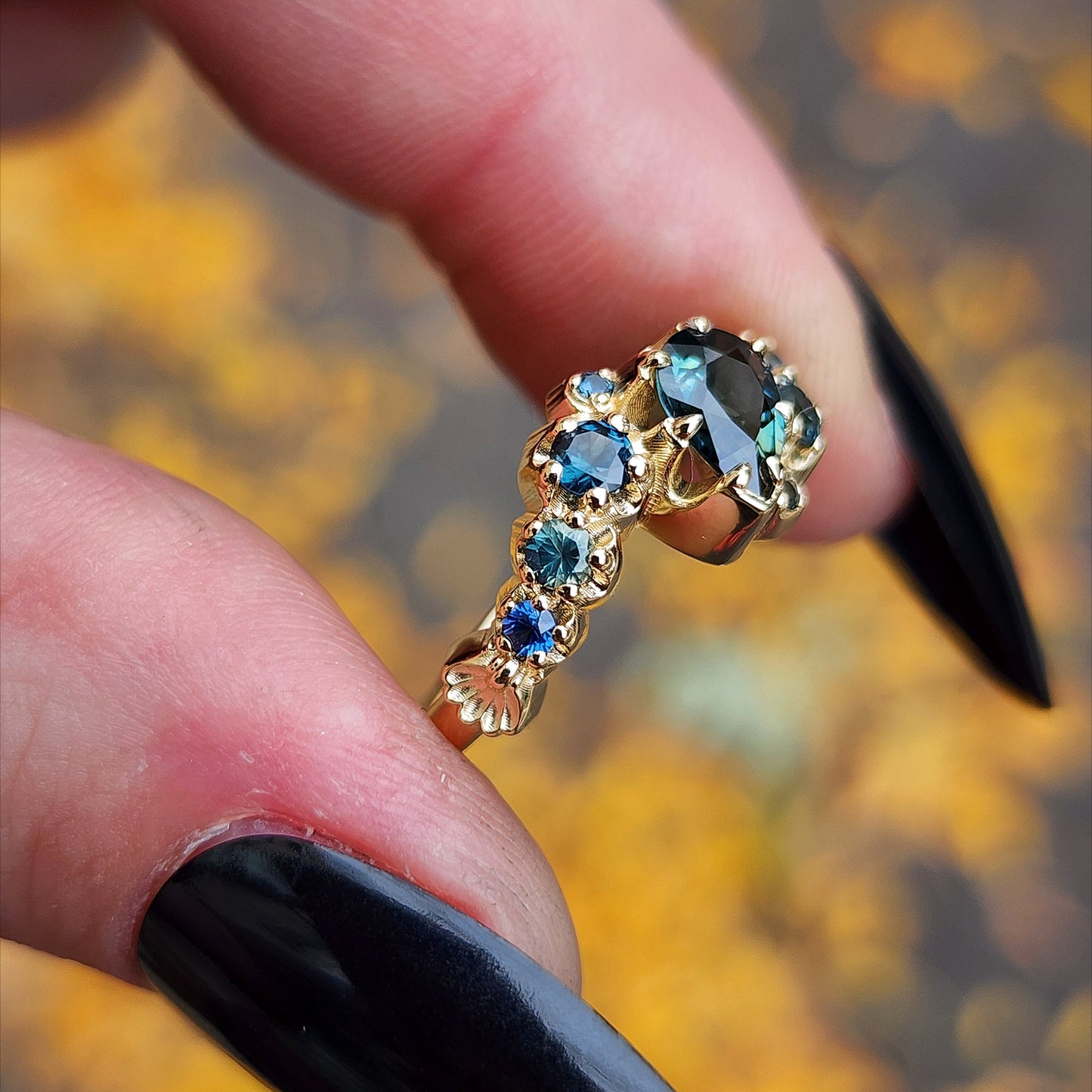 Dark Water  Pear Australian Sapphire Gothic Buttercup Setting Asymmetrical Ring with Gold Seashell Detail image 8