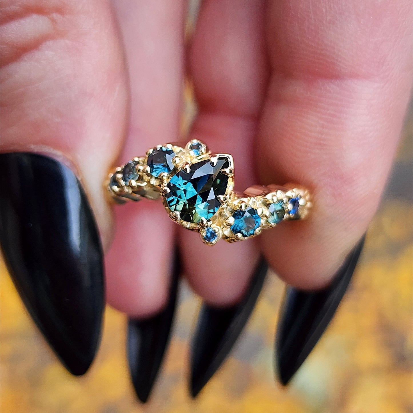 Dark Water  Pear Australian Sapphire Gothic Buttercup Setting Asymmetrical Ring with Gold Seashell Detail image 9