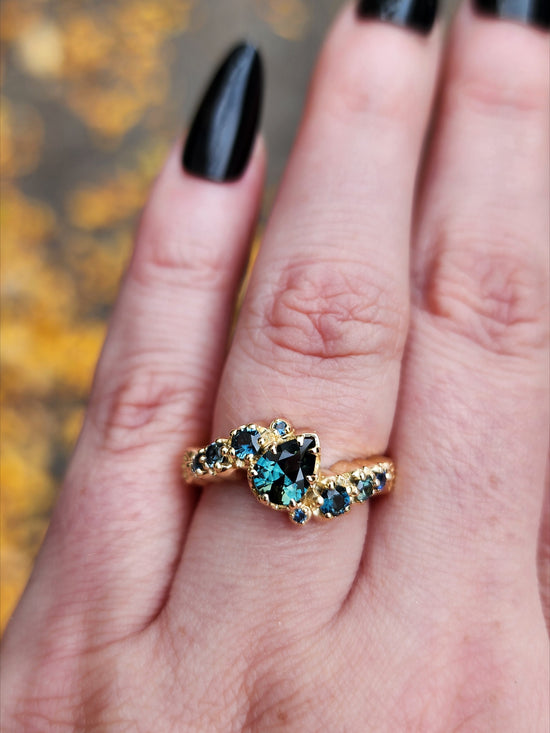 Dark Water  Pear Australian Sapphire Gothic Buttercup Setting Asymmetrical Ring with Gold Seashell Detail image 10