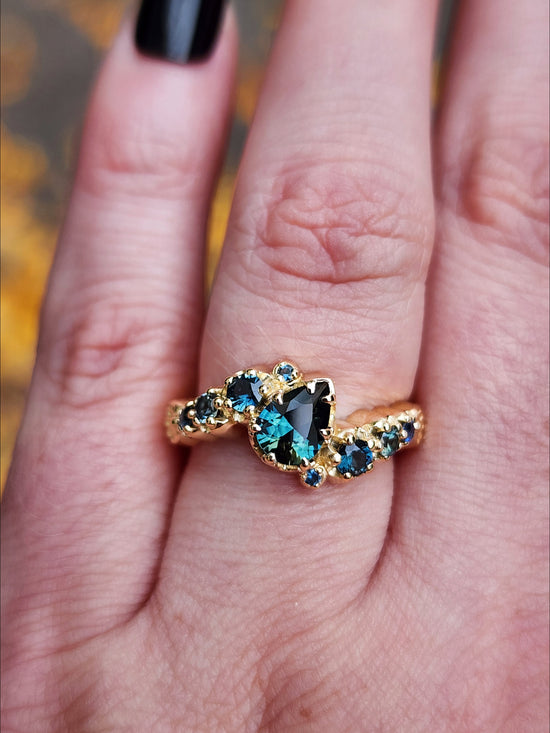Dark Water  Pear Australian Sapphire Gothic Buttercup Setting Asymmetrical Ring with Gold Seashell Detail image 11