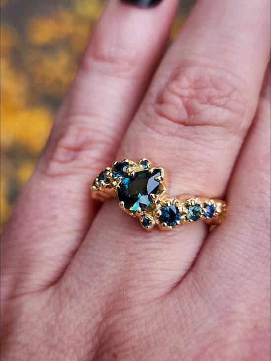 Dark Water  Pear Australian Sapphire Gothic Buttercup Setting Asymmetrical Ring with Gold Seashell Detail image 12