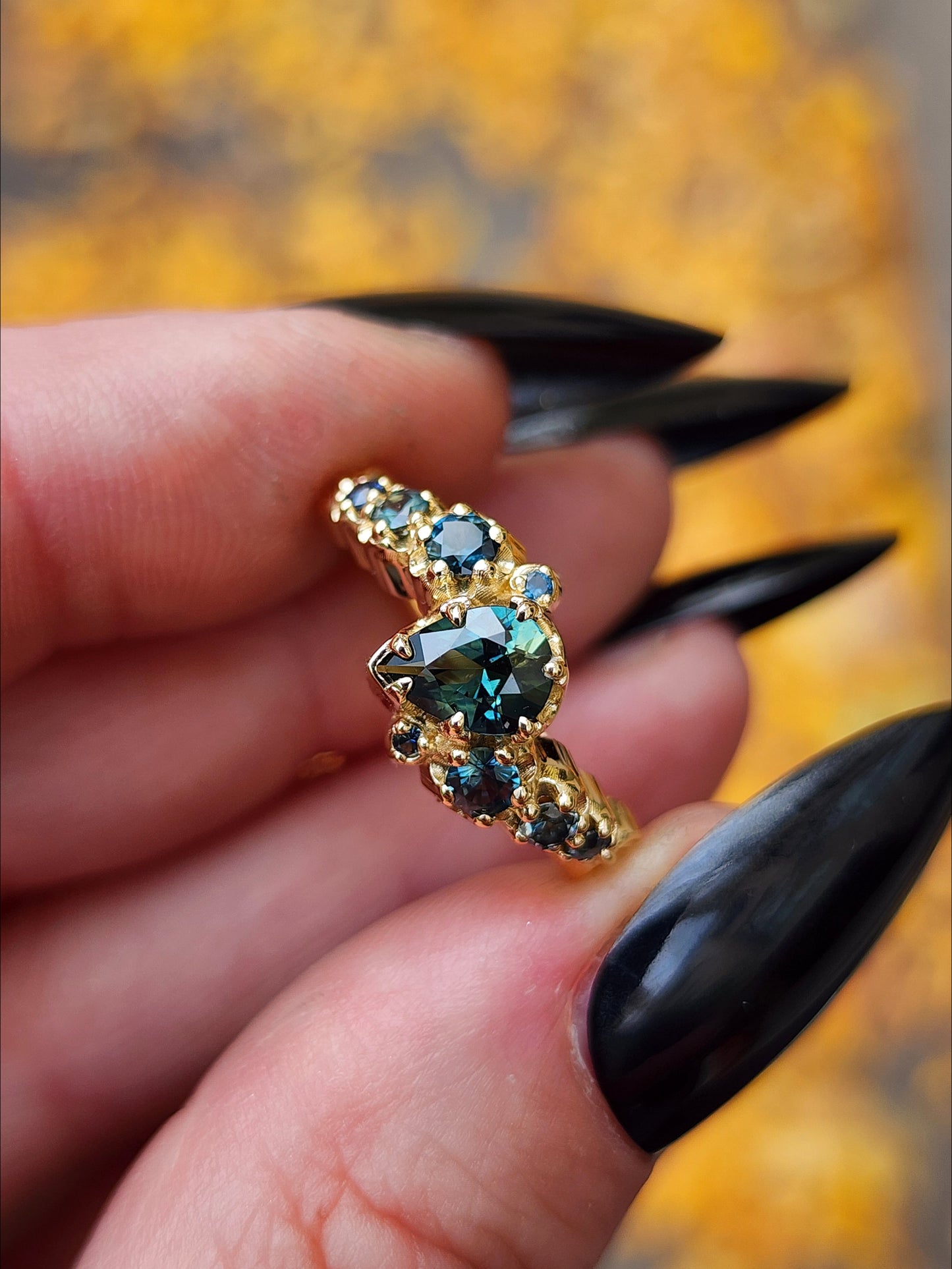 Dark Water  Pear Australian Sapphire Gothic Buttercup Setting Asymmetrical Ring with Gold Seashell Detail image 13