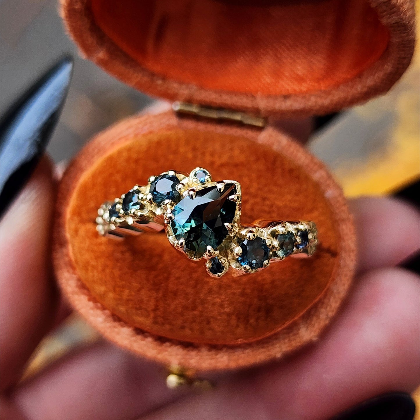 Dark Water  Pear Australian Sapphire Gothic Buttercup Setting Asymmetrical Ring with Gold Seashell Detail image 1