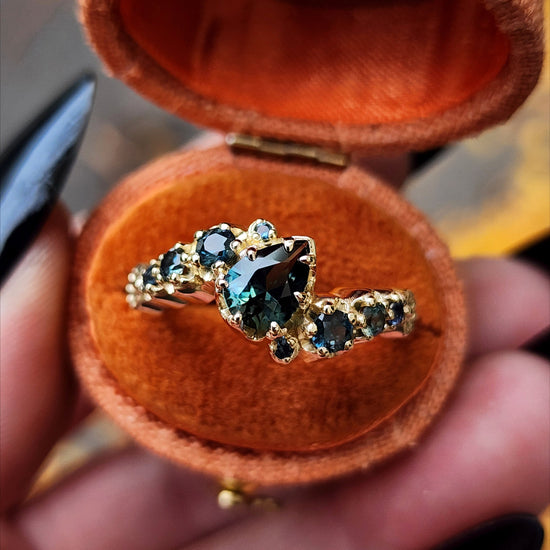 Dark Water  Pear Australian Sapphire Gothic Buttercup Setting Asymmetrical Ring with Gold Seashell Detail image 1