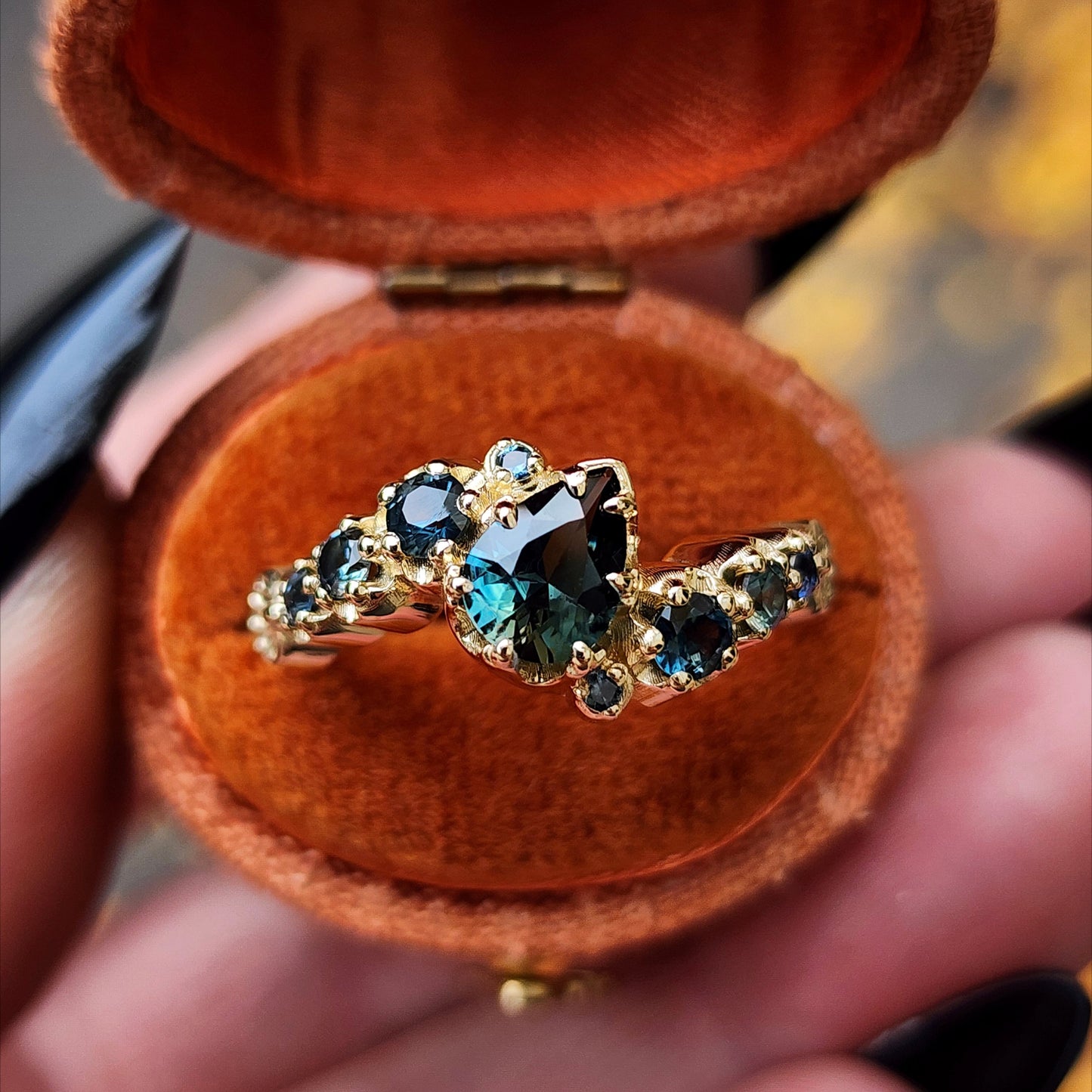 Dark Water  Pear Australian Sapphire Gothic Buttercup Setting Asymmetrical Ring with Gold Seashell Detail image