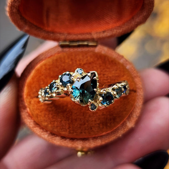 Dark Water  Pear Australian Sapphire Gothic Buttercup Setting Asymmetrical Ring with Gold Seashell Detail image