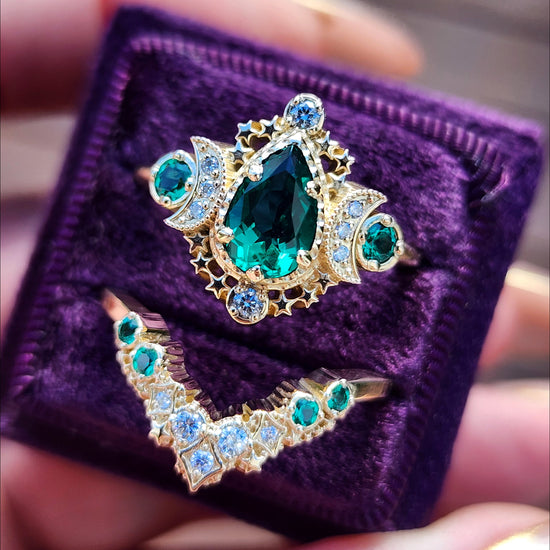 Pear Emerald Cosmos Engagement Ring with Stardust Chevron 14k Yellow Gold image 6