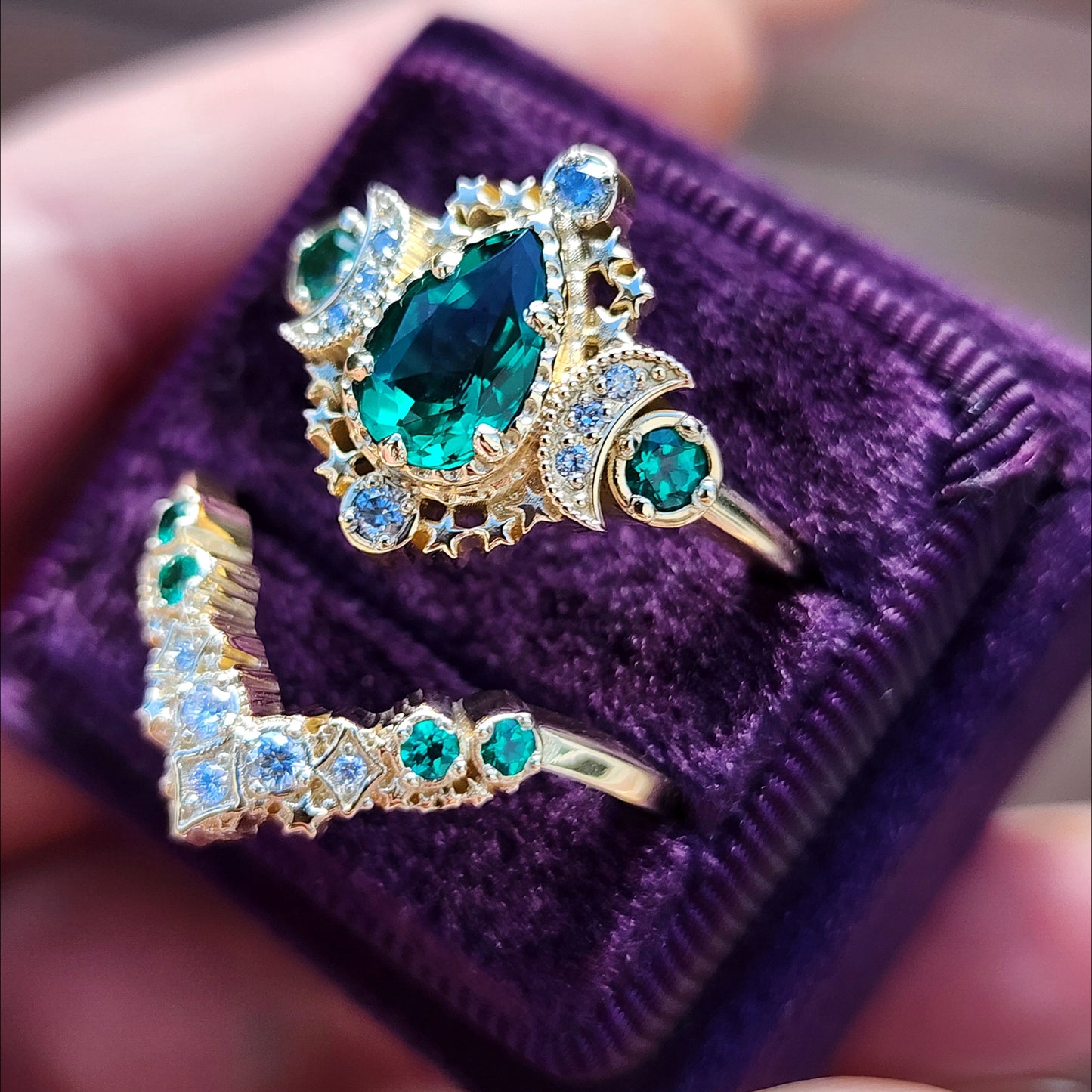 Pear Emerald Cosmos Engagement Ring with Stardust Chevron 14k Yellow Gold image 5