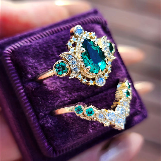 Pear Emerald Cosmos Engagement Ring with Stardust Chevron 14k Yellow Gold image 4