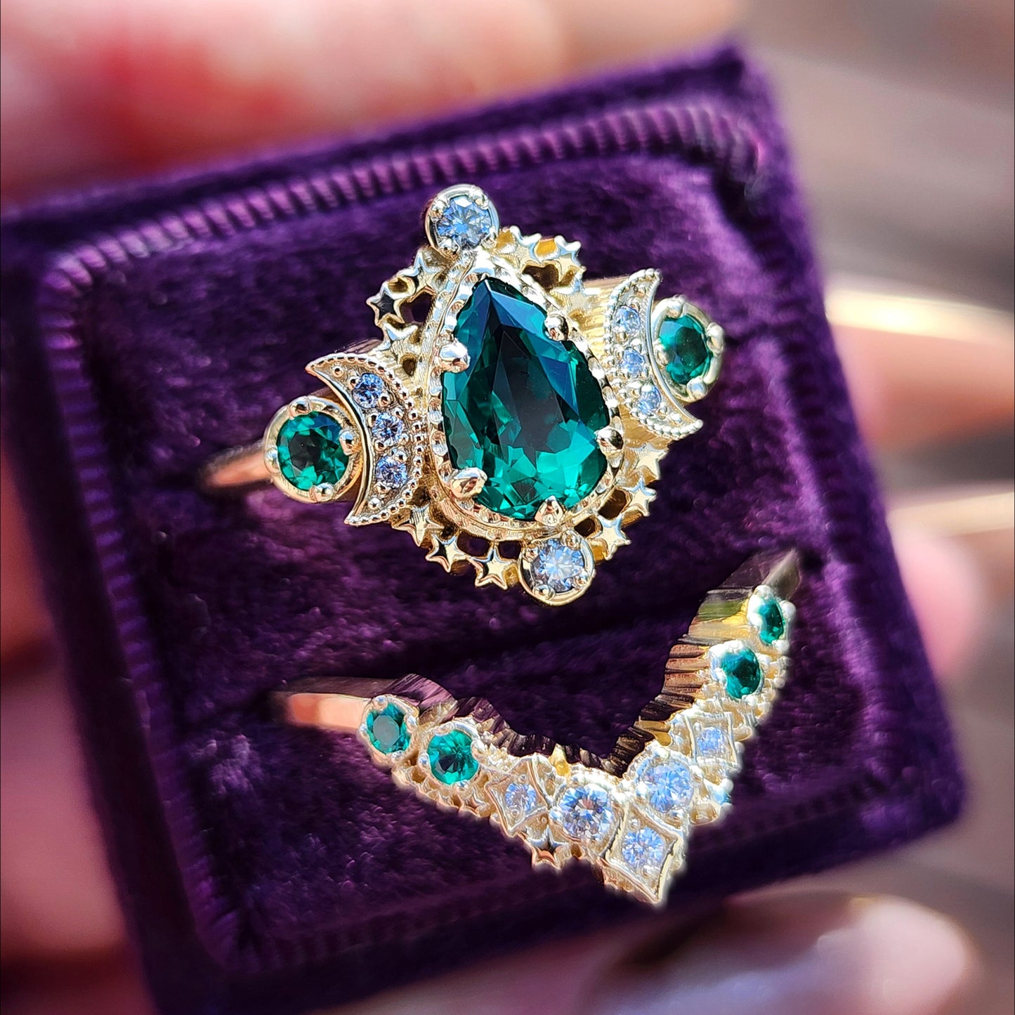 Pear Emerald Cosmos Engagement Ring with Stardust Chevron 14k Yellow Gold image 3