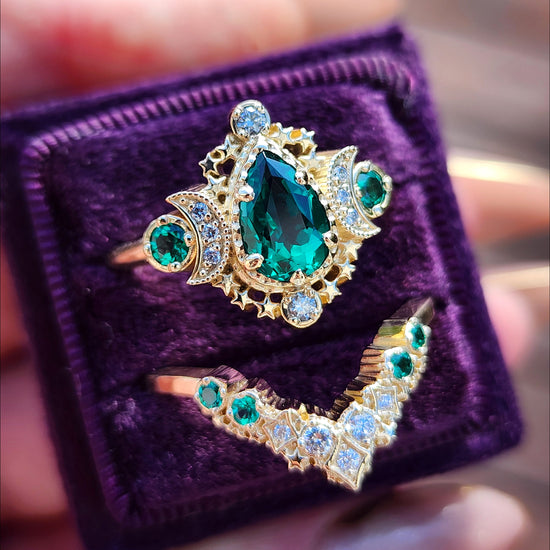 Pear Emerald Cosmos Engagement Ring with Stardust Chevron 14k Yellow Gold image 3