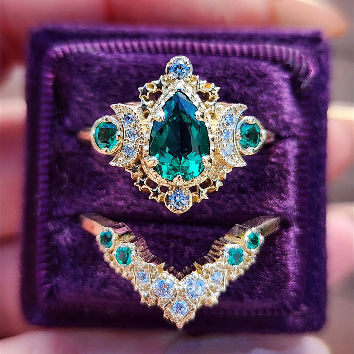 Pear Emerald Cosmos Engagement Ring with Stardust Chevron 14k Yellow Gold image 1