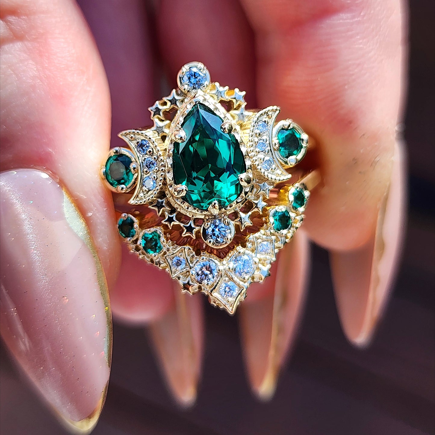 Pear Emerald Cosmos Engagement Ring with Stardust Chevron 14k Yellow Gold image 2