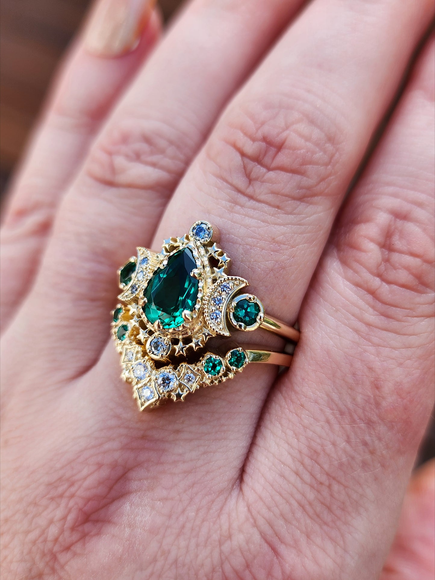 Pear Emerald Cosmos Engagement Ring with Stardust Chevron 14k Yellow Gold image 8