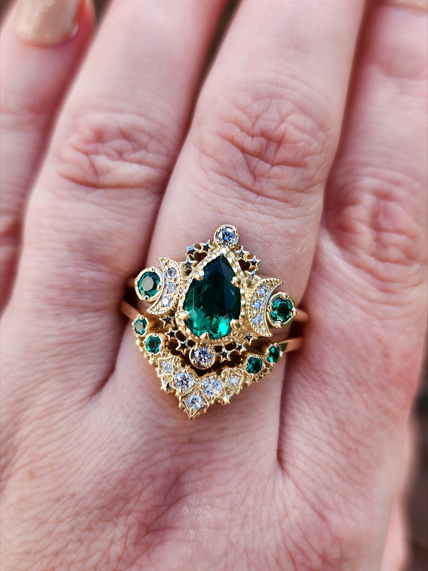 Pear Emerald Cosmos Engagement Ring with Stardust Chevron 14k Yellow Gold image 7