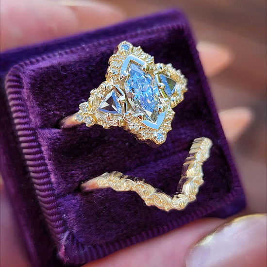  .78ct Marquise Lab Diamond Delilah Engagement Ring Set with Rose Cut Diamond Trillions - 14k Yellow Gold image 7