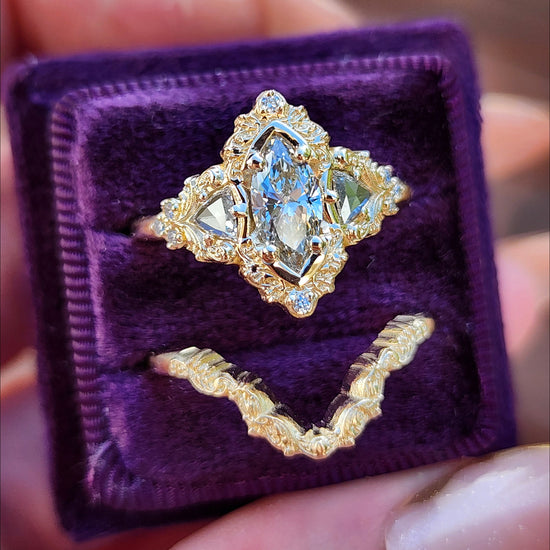  .78ct Marquise Lab Diamond Delilah Engagement Ring Set with Rose Cut Diamond Trillions - 14k Yellow Gold image 6