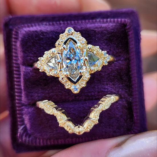  .78ct Marquise Lab Diamond Delilah Engagement Ring Set with Rose Cut Diamond Trillions - 14k Yellow Gold image 5