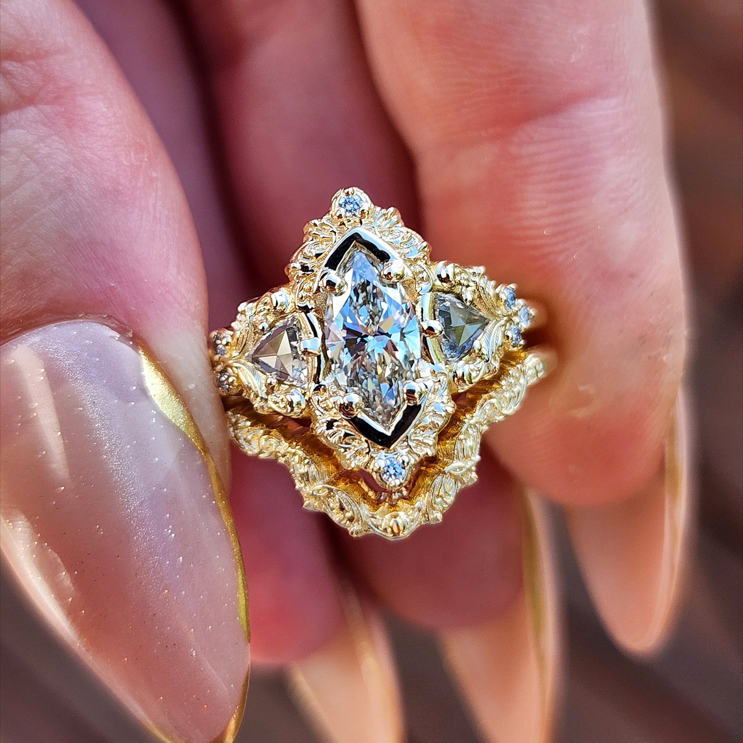  .78ct Marquise Lab Diamond Delilah Engagement Ring Set with Rose Cut Diamond Trillions - 14k Yellow Gold image 9