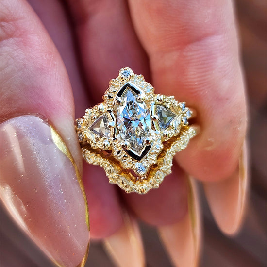  .78ct Marquise Lab Diamond Delilah Engagement Ring Set with Rose Cut Diamond Trillions - 14k Yellow Gold image 9