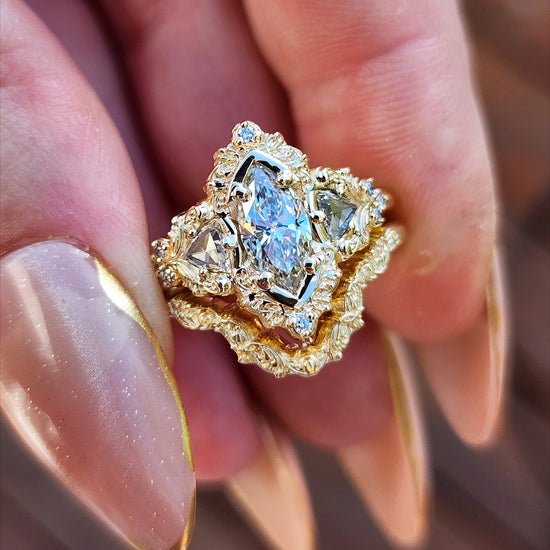  .78ct Marquise Lab Diamond Delilah Engagement Ring Set with Rose Cut Diamond Trillions - 14k Yellow Gold image 3