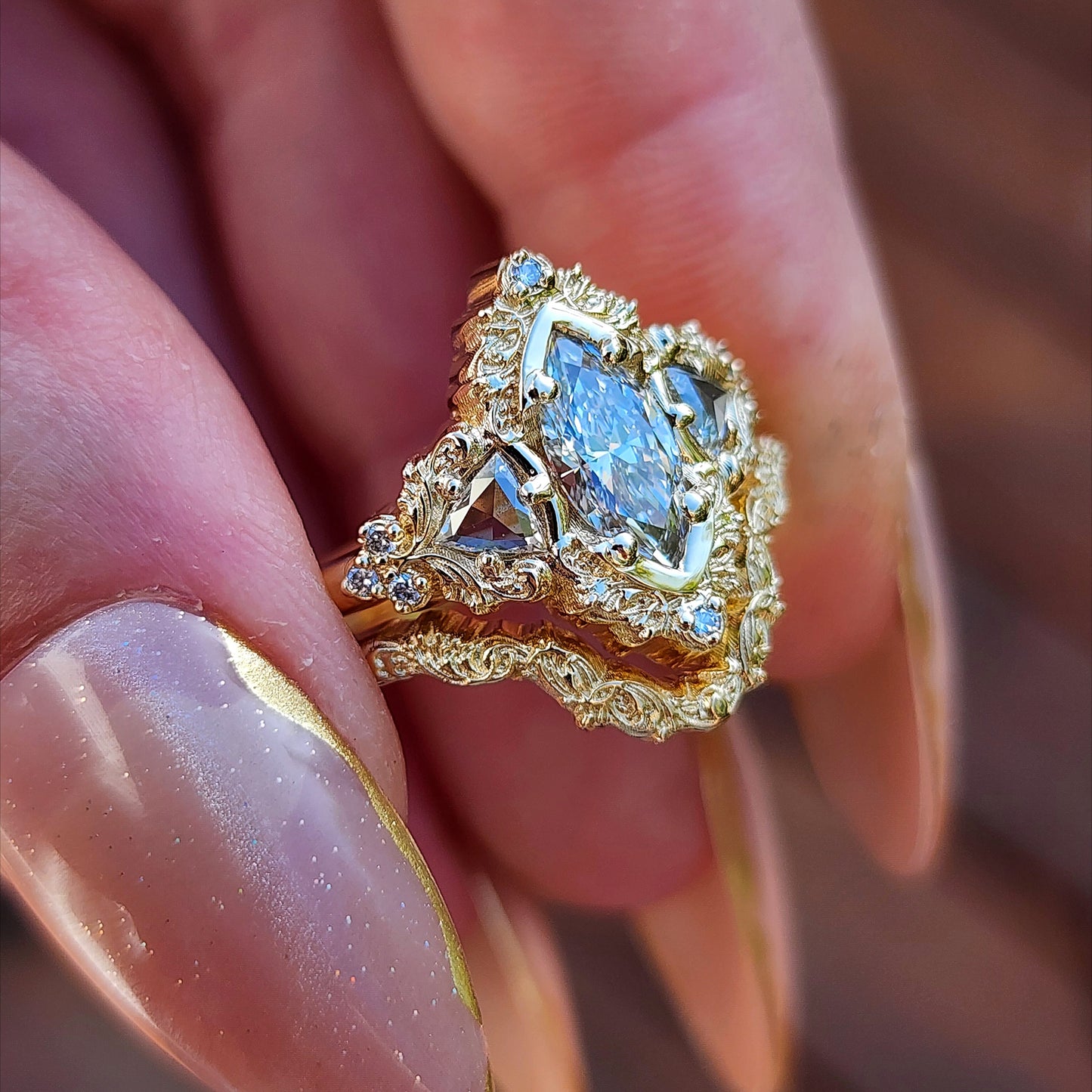  .78ct Marquise Lab Diamond Delilah Engagement Ring Set with Rose Cut Diamond Trillions - 14k Yellow Gold image 4