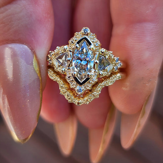  .78ct Marquise Lab Diamond Delilah Engagement Ring Set with Rose Cut Diamond Trillions - 14k Yellow Gold image 1