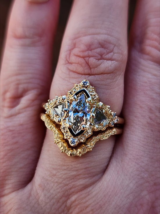  .78ct Marquise Lab Diamond Delilah Engagement Ring Set with Rose Cut Diamond Trillions - 14k Yellow Gold image 2