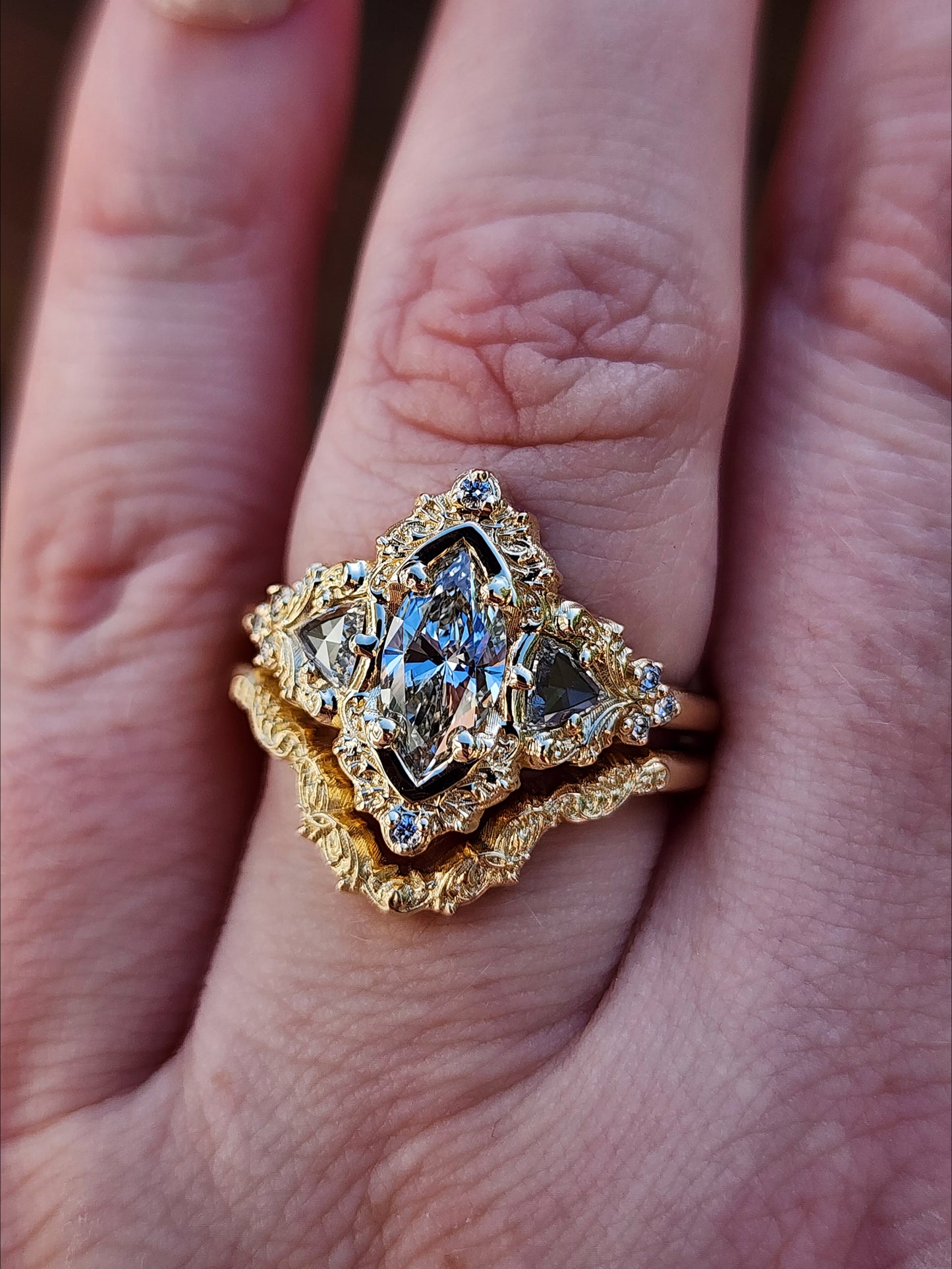  .78ct Marquise Lab Diamond Delilah Engagement Ring Set with Rose Cut Diamond Trillions - 14k Yellow Gold image 10