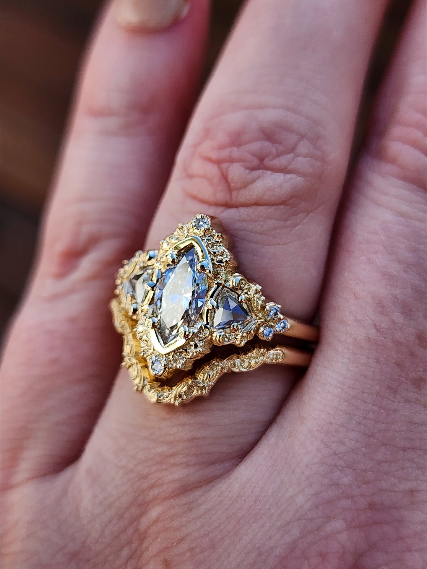  .78ct Marquise Lab Diamond Delilah Engagement Ring Set with Rose Cut Diamond Trillions - 14k Yellow Gold image 11